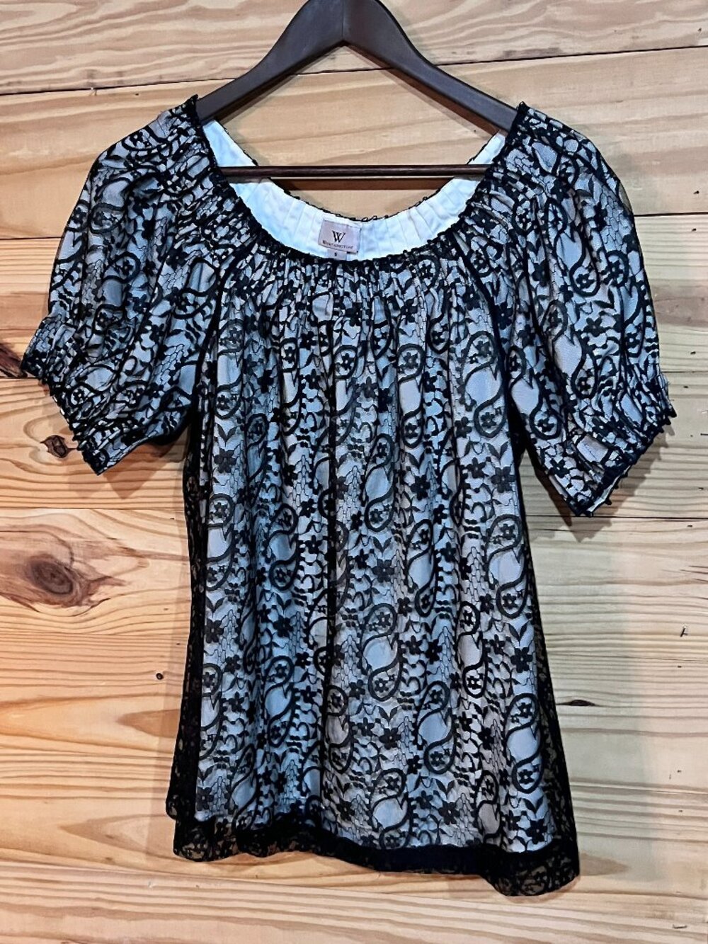 Vintage Worthington Top Sheer Black Paisley Lace Overlay Blouse Puff Sleeve